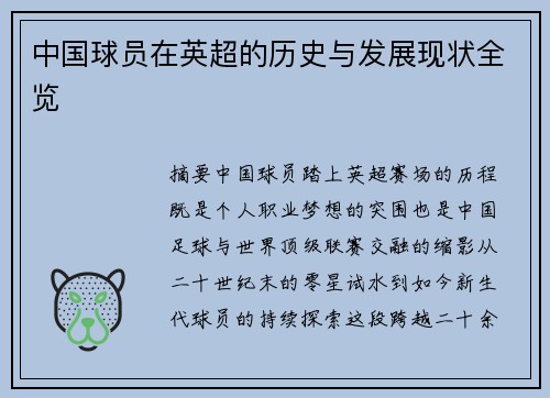 中国球员在英超的历史与发展现状全览